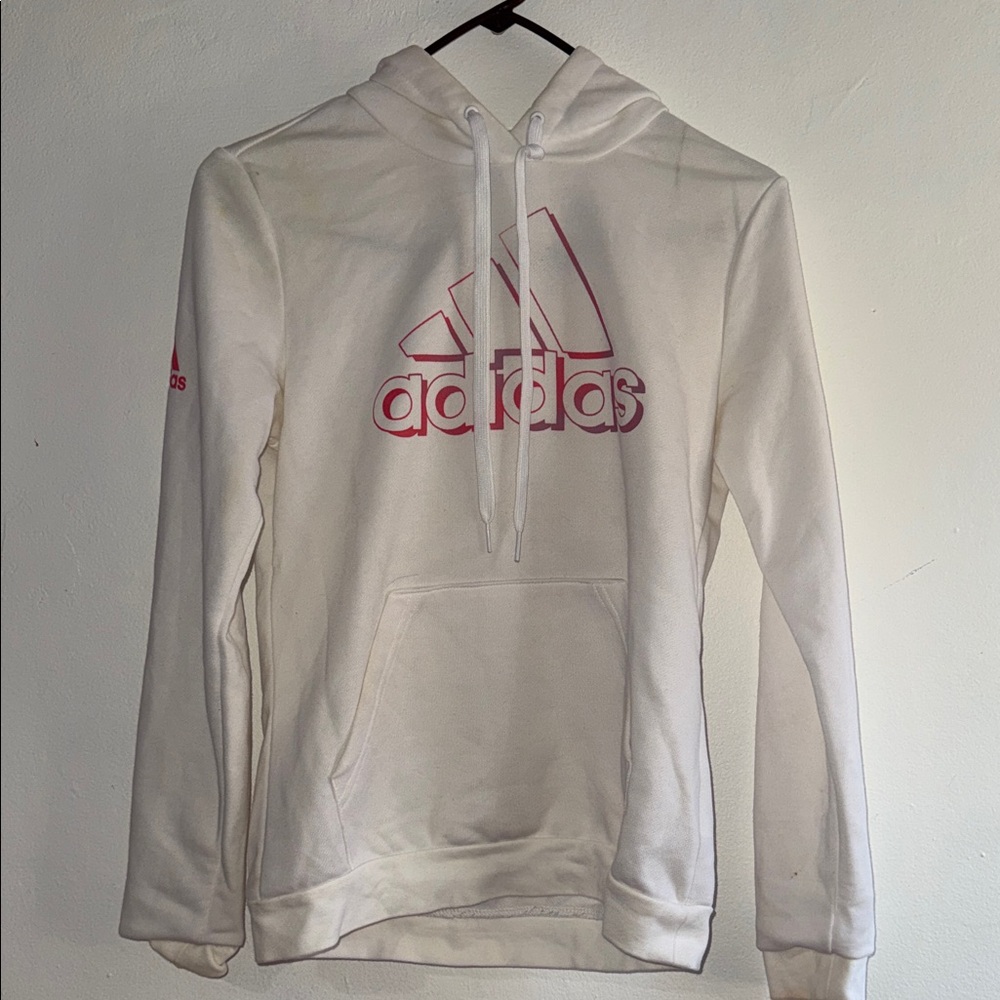 Adidas Men's White and Pink Hoodie Sweater